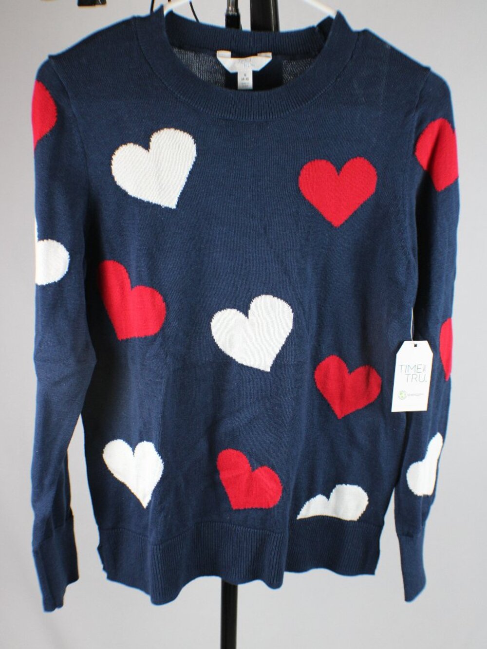 NWT Time and Tru Navy Blue Heart Print Knit Sweater Size S 4-6